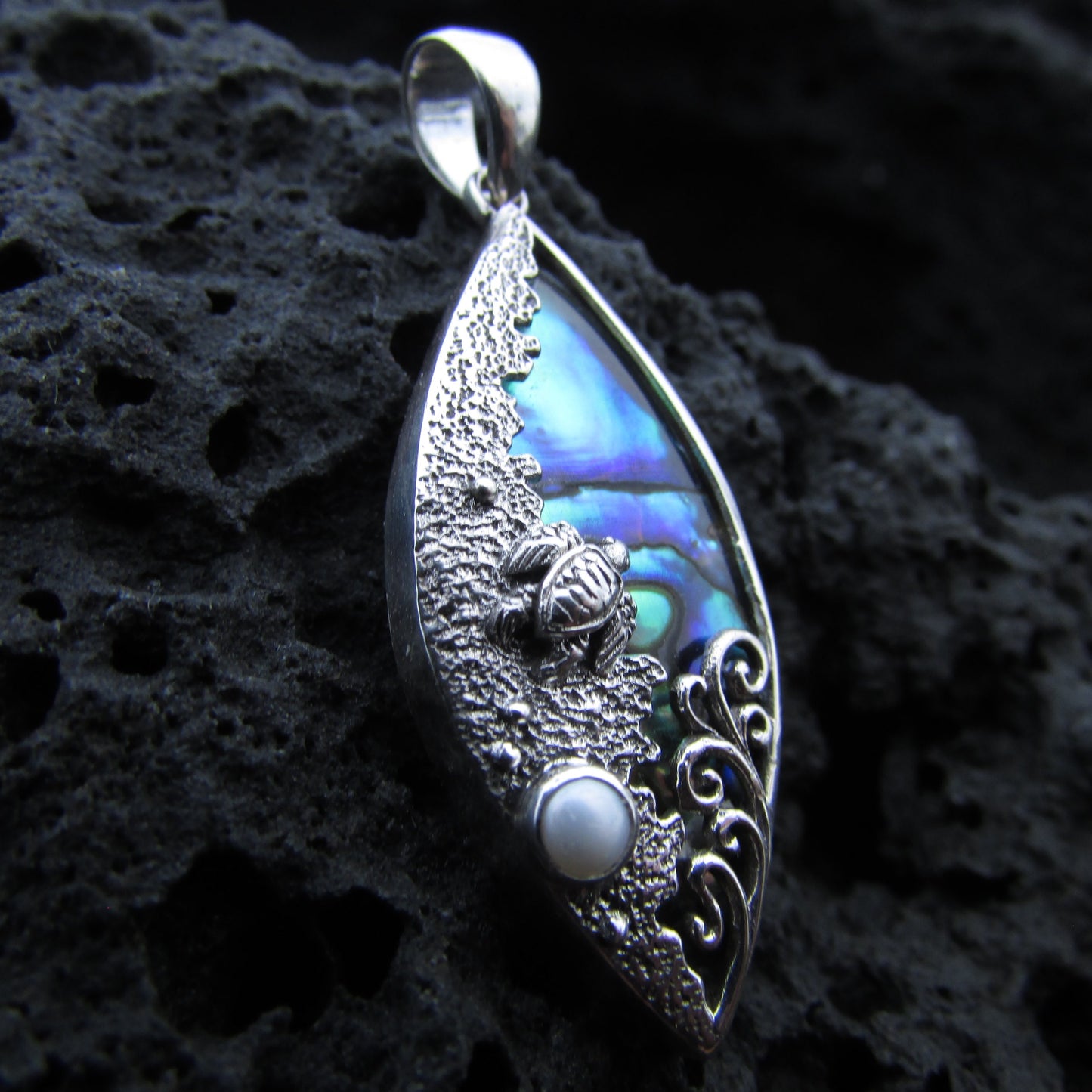 Sea Turtle Wave Necklace Pendant Small | Abalone Paua Shell | Sterling Silver | Pearl | Ocean | Beach | Gift | Jewelry | Handmade | Unique