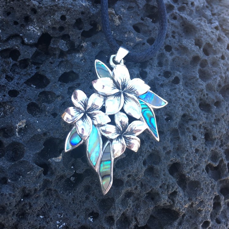 Plumeria Flowers Necklace Pendant. Abalone Paua Shell. Sterling Silver.