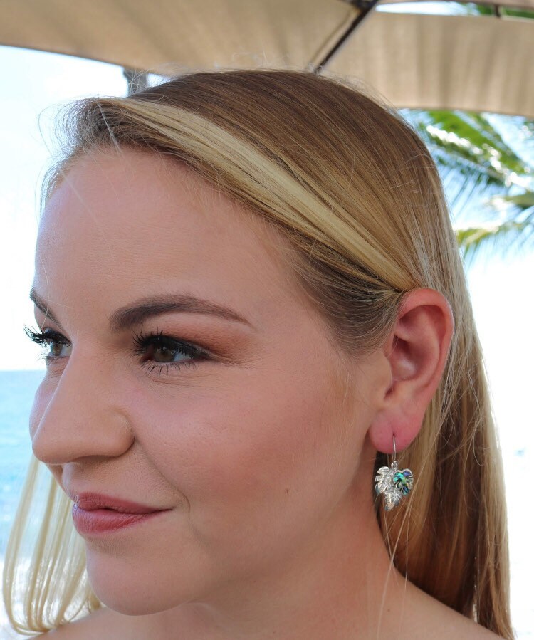 Monstera Leaf Earrings | Paua Shell | Sterling Silver | Ocean | Beach | Gift | Jewelry | Handmade | Unique