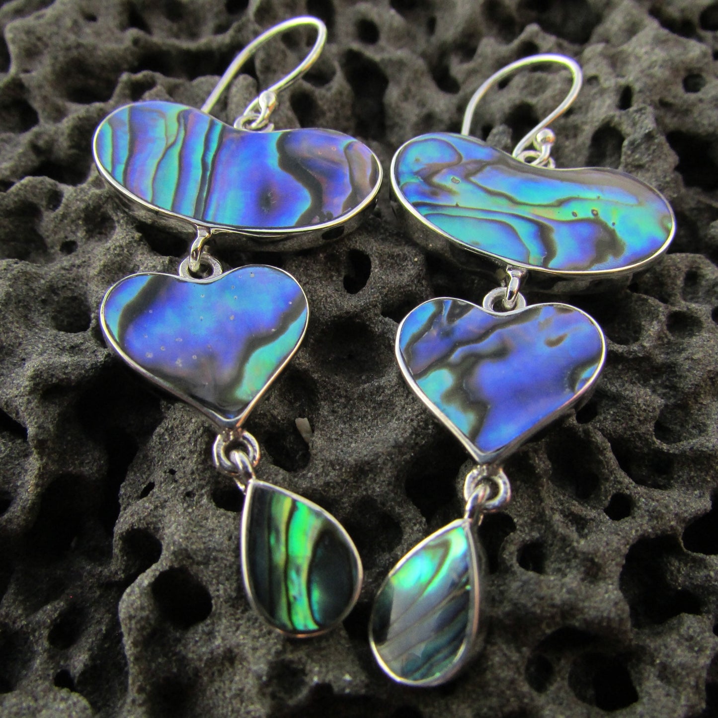 Heart Teardrop Earrings. Abalone Paua Shell. Sterling Silver.