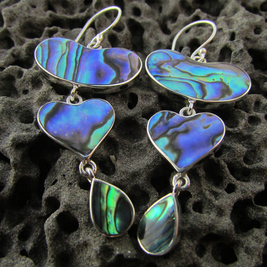 Heart Teardrop Earrings. Abalone Paua Shell. Sterling Silver.