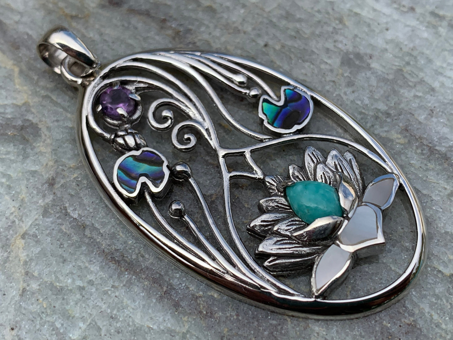 Turquoise Amethyst Lotus Necklace Pendant. Sterling Silver. Abalone Shell, Mother of Pearl.