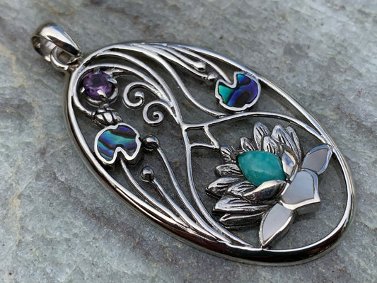 Turquoise Amethyst Lotus Necklace Pendant. Sterling Silver. Abalone Shell, Mother of Pearl.