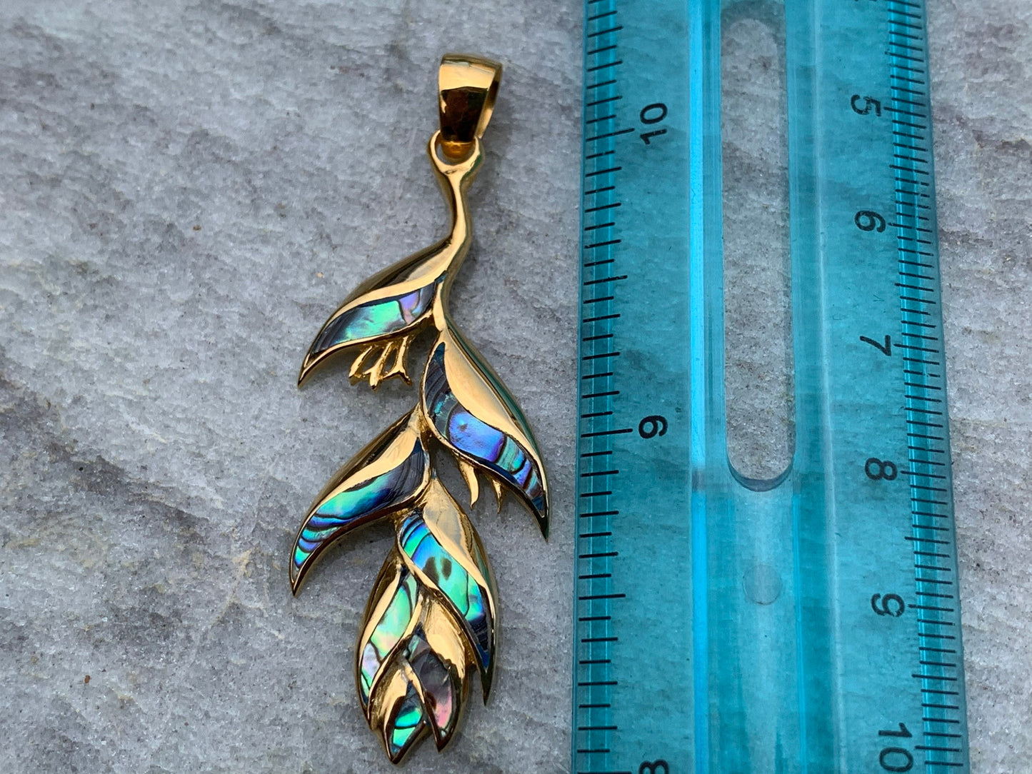 18K Gold Vermeil Heliconia Flower Necklace Pendant. Abalone Shell.