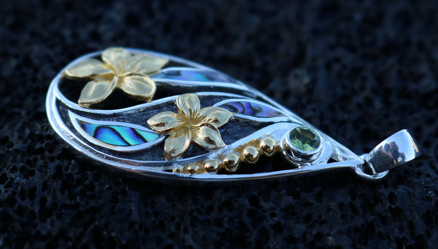 18K Gold Vermeil Teardrop Peridot Plumeria Flower Necklace Pendant. Abalone Shell. Sterling Silver.