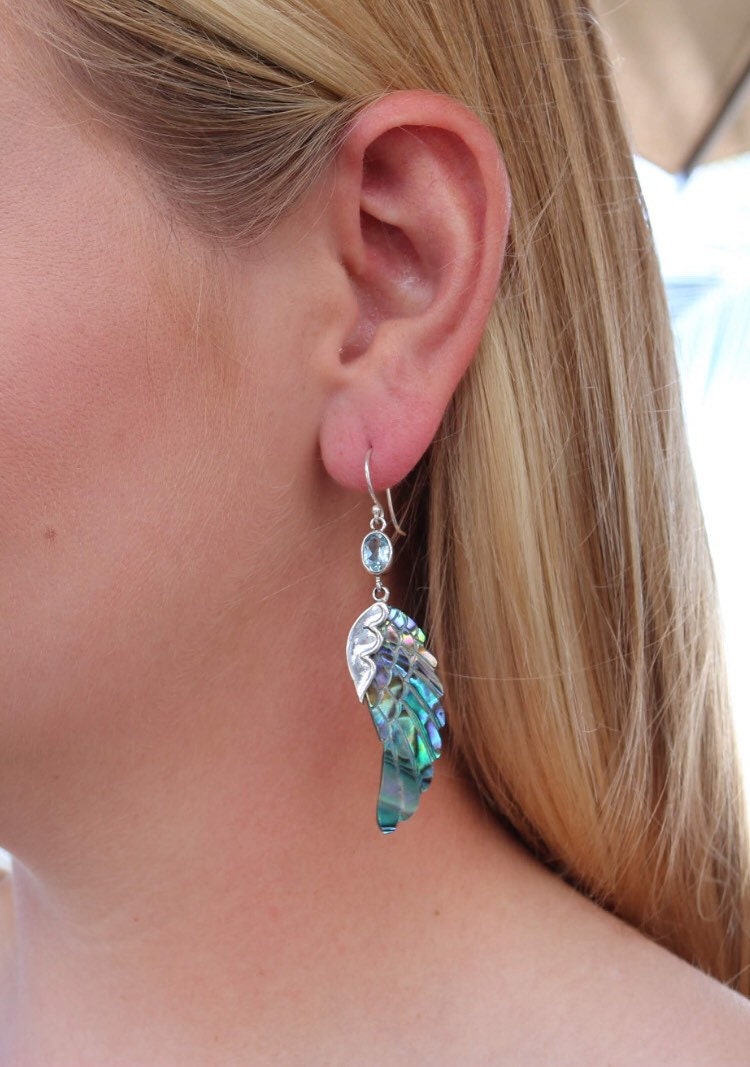 Angel Wings Earrings | Paua Abalone Shell | Sterling Silver | Blue Topaz | Gift | Jewelry | Handmade | Unique