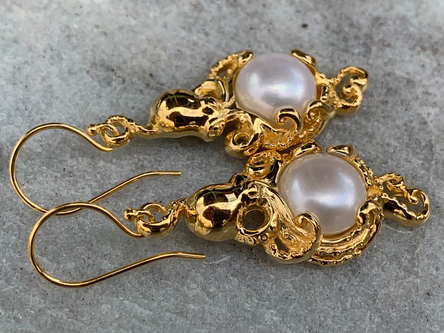18k gold vermeil white mabe pearl octopus earrings.