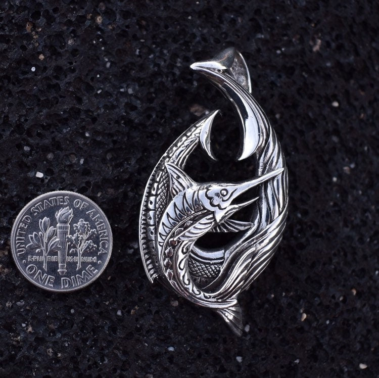 Fishing Hook Necklace Pendant with Marlin. Sterling Silver.