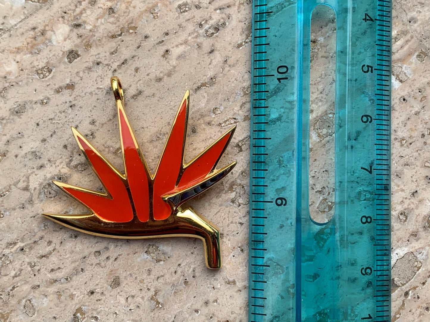 Bird of Paradise 18k Gold Vermeil Flower Necklace Pendant. Red Coral, Sterling Silver, Abalone Shell.