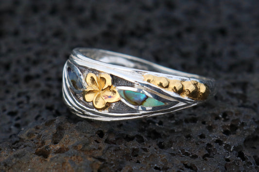 18K Gold Vermeil Plumeria Ring. Sterling Silver, Abalone Shell.