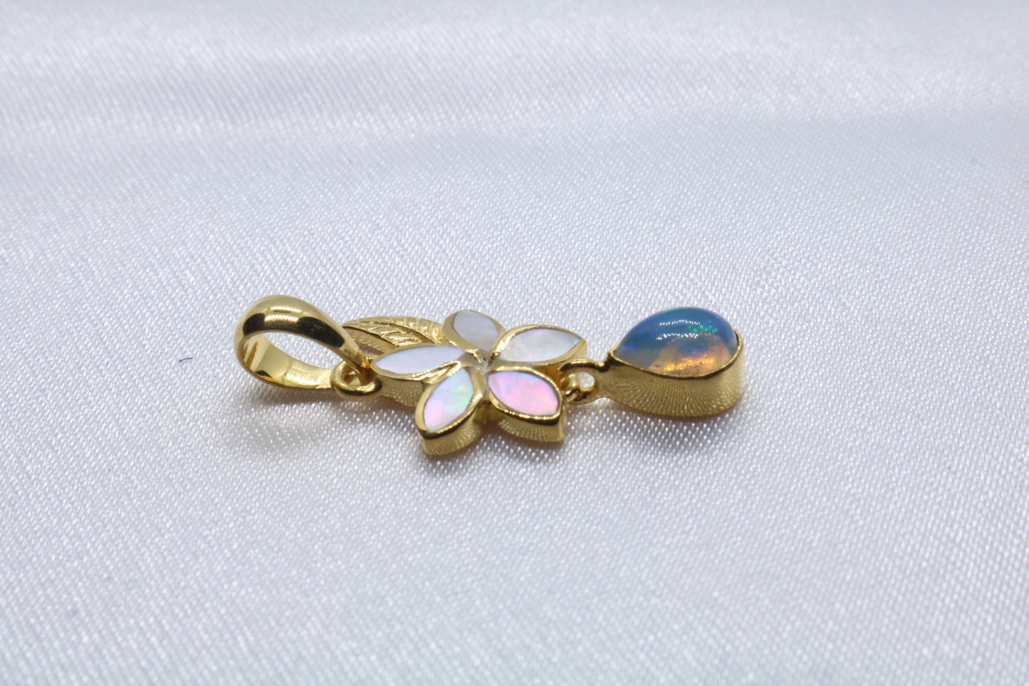 Opal Plumeria Flower 18k Gold Vermeil Mother of Pearl Charm Necklace Pendant