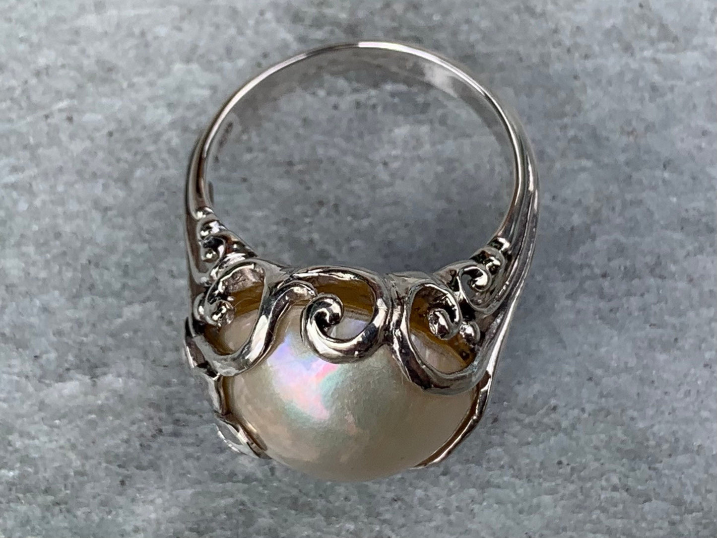 White Mabe Pearl Plumeria Flower Silver Ring