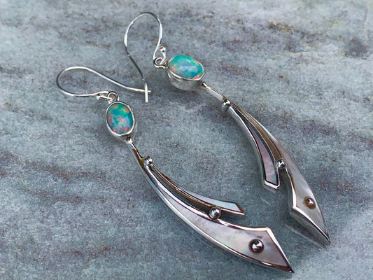 Opal Ocean Wave Earrings. Mother of Pearl, Sterling Silver.
