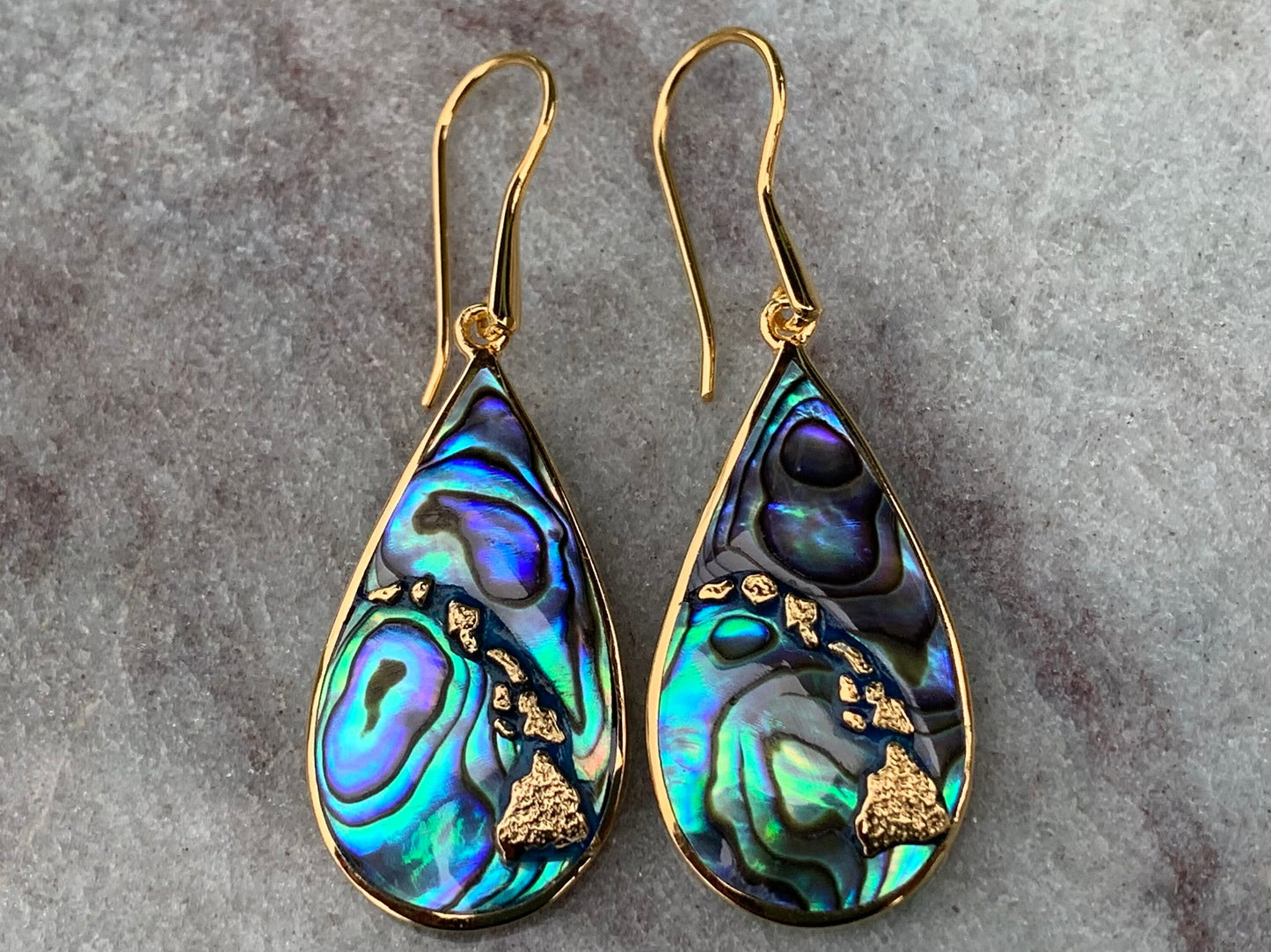 Hawaiian Islands Chain Earrings. Kauai, Oahu, Maui, Big Island of Hawaii. Silver, 18k Gold, Abalone Paua Shell.
