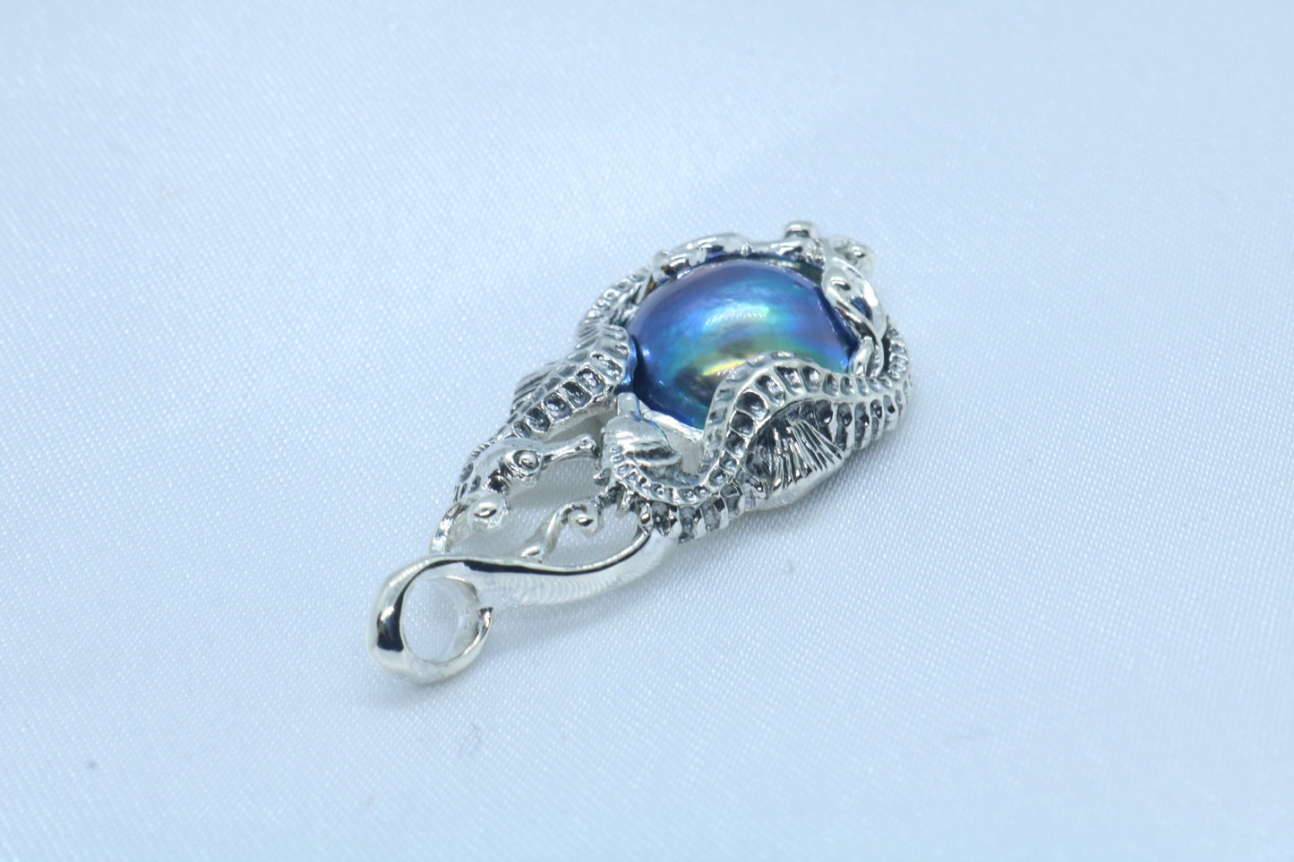 Seahorse Blue Mabe Pearl Silver Pendant Necklace
