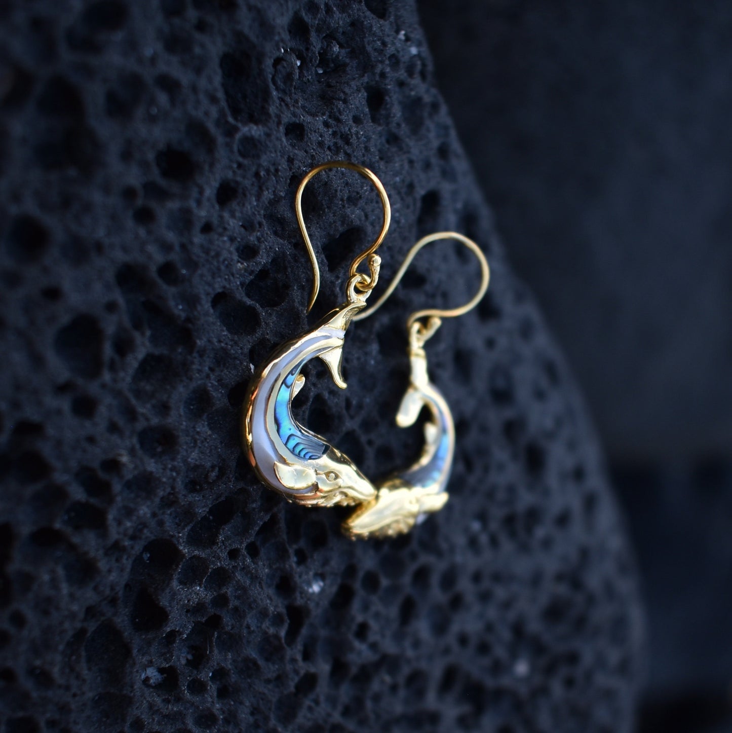 18K Gold Vermeil Whale earrings. Abalone Shell. Mother of Pearl.