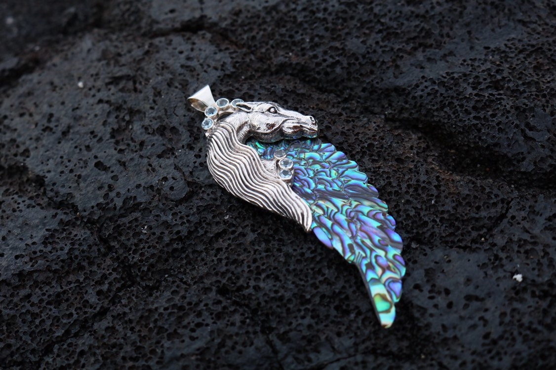 Pegasus Horse Wings Cowgirl Jewelry Necklace Pendant. Sterling Silver, Blue Topaz, Abalone Shell.