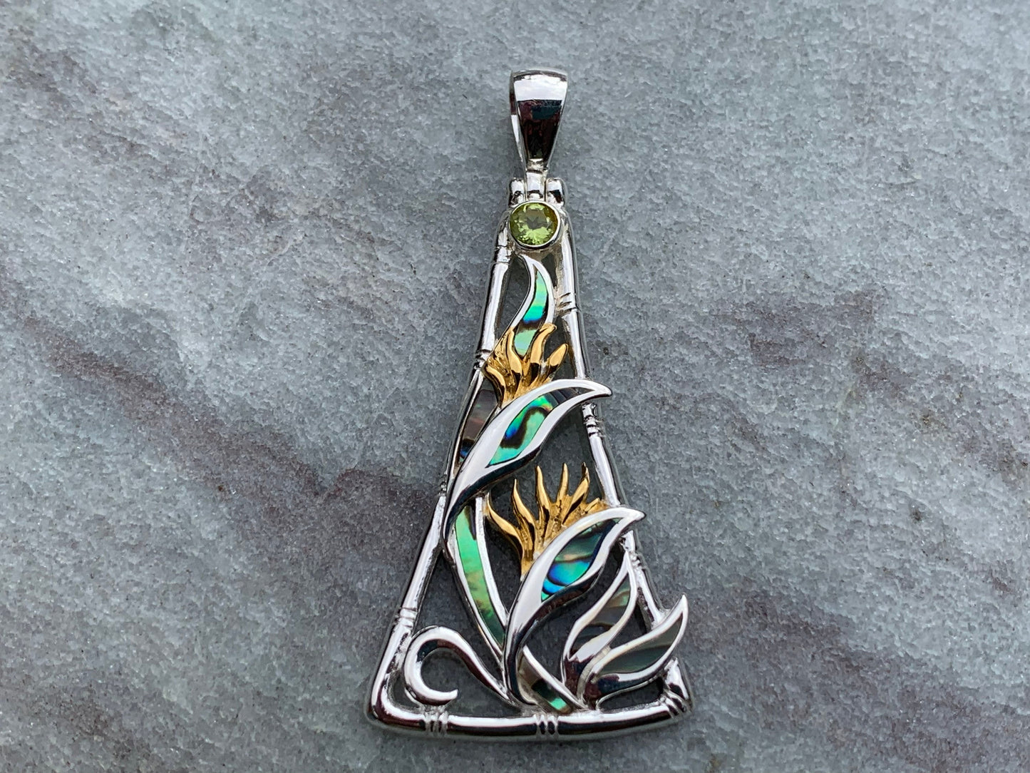 Bird of Paradise Flower Peridot Silver Gold Shell Necklace Pendant