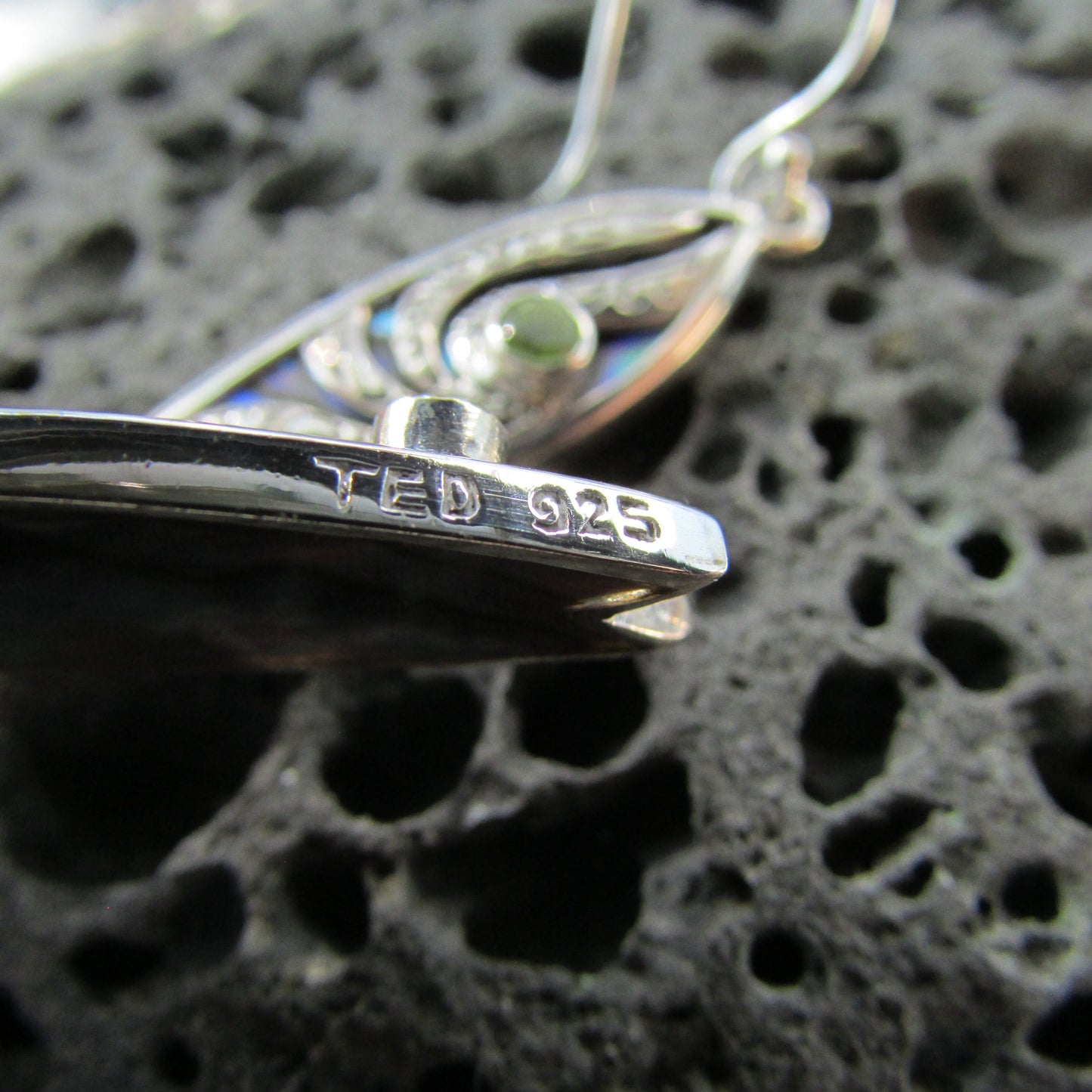 Surfboard Earrings with Polynesian Tattoo Design. Peridot. Abalone Paua Shell. Sterling Silver.