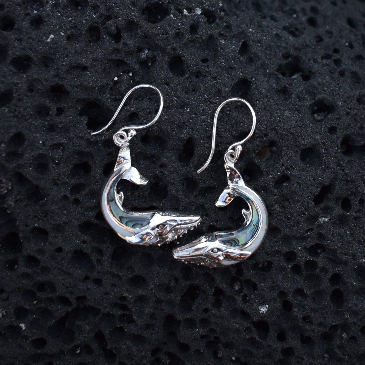 Whale earrings. Sterling Silver. Abalone Shell. Mother of Pearl.