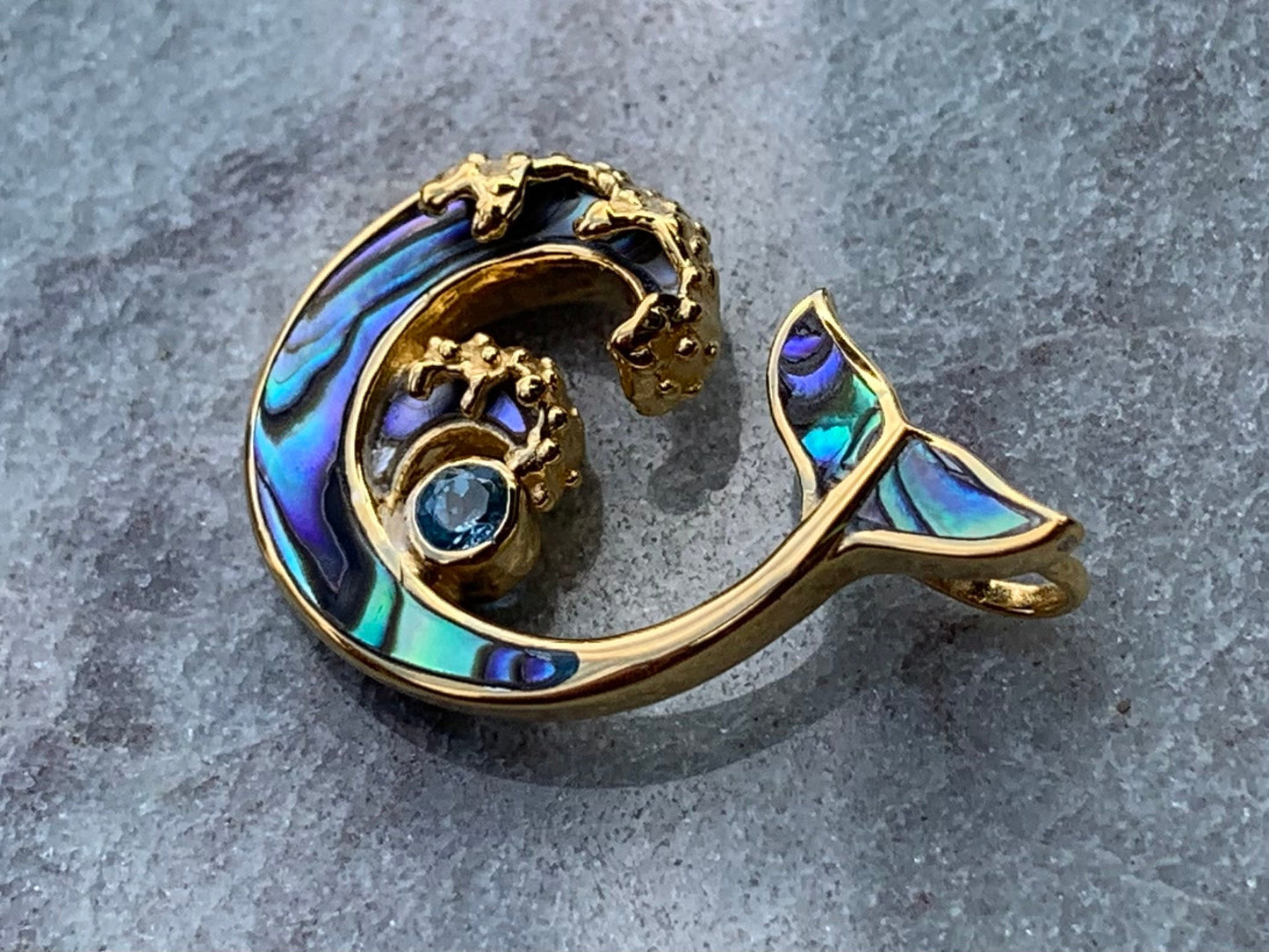 Whale Tail and Wave Swiss Blue Topaz 18k Gold Vermeil Necklace Pendant