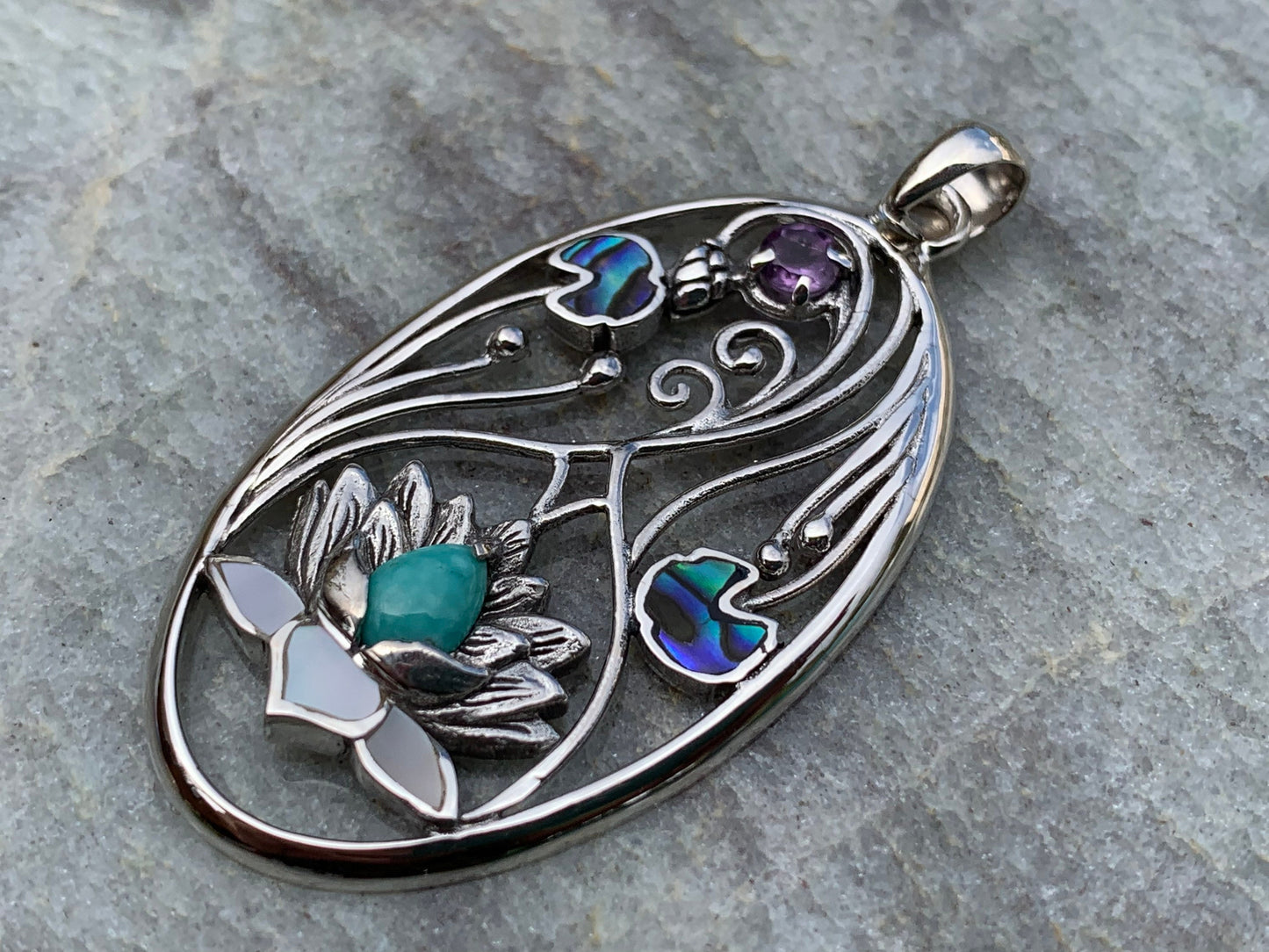 Turquoise Amethyst Lotus Necklace Pendant. Sterling Silver. Abalone Shell, Mother of Pearl.