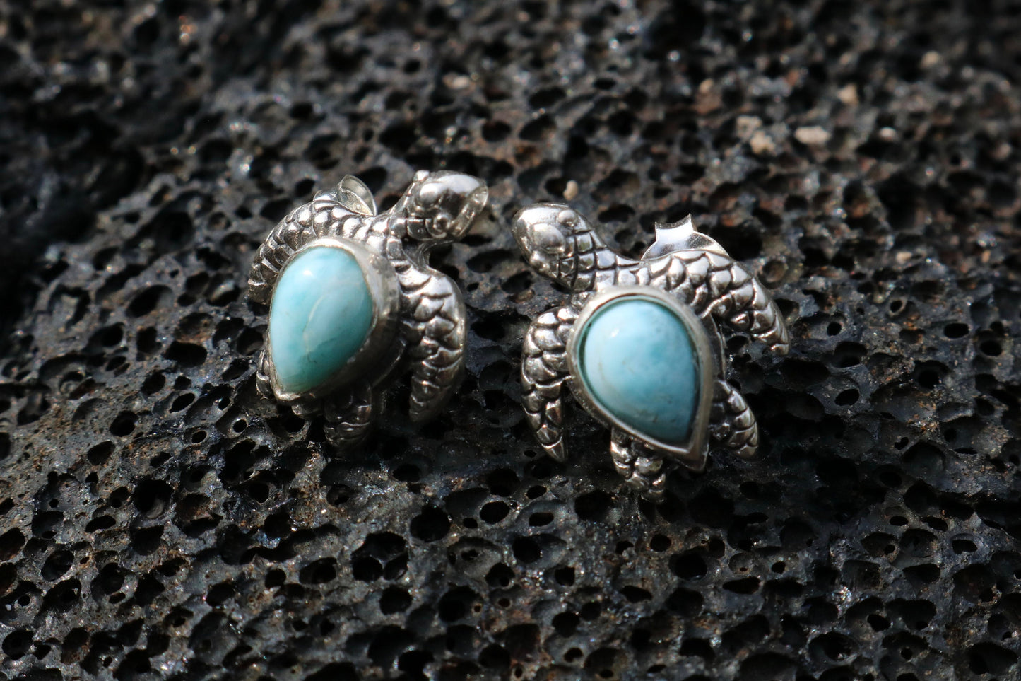 Larimar Turtle Earrings Studs. Sterling Silver.