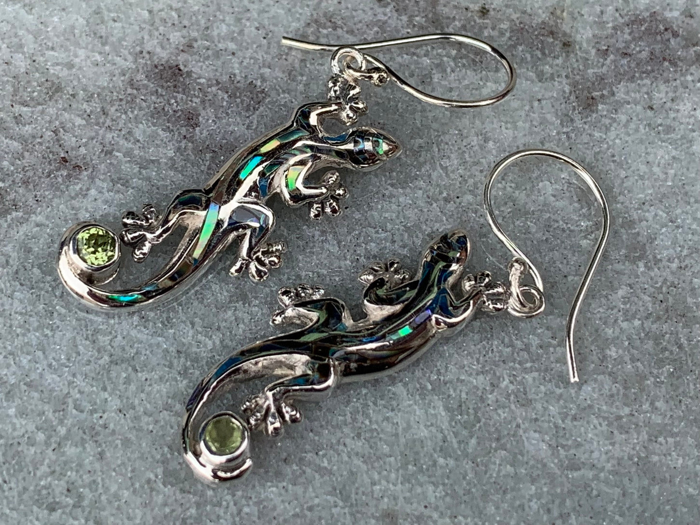 Gecko Lizard Salamander Earrings Silver Peridot