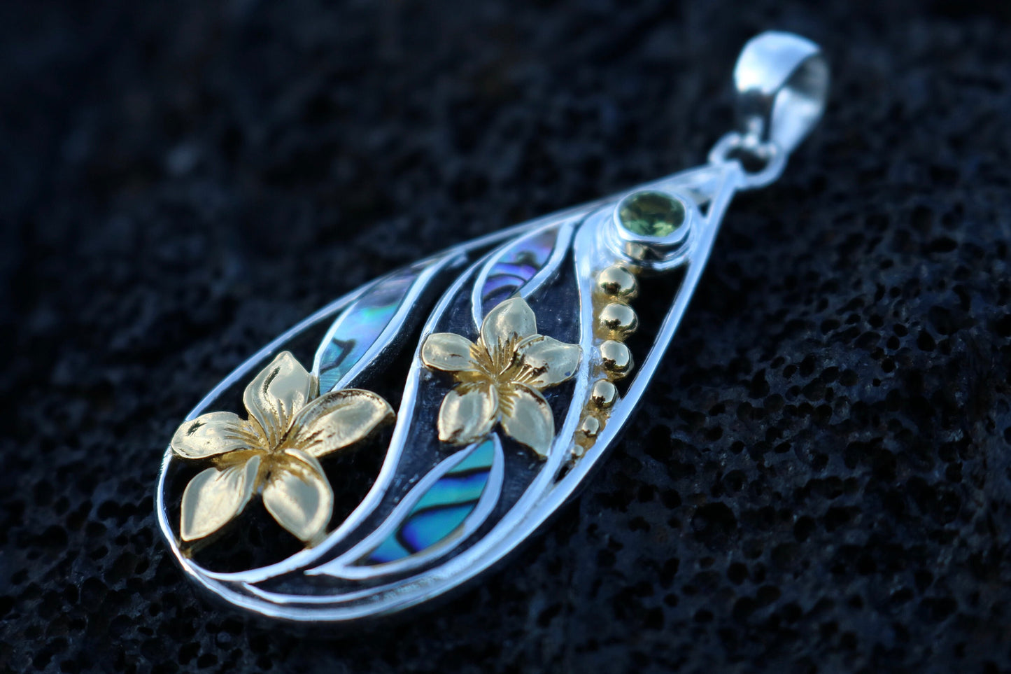 18K Gold Vermeil Teardrop Peridot Plumeria Flower Necklace Pendant. Abalone Shell. Sterling Silver.