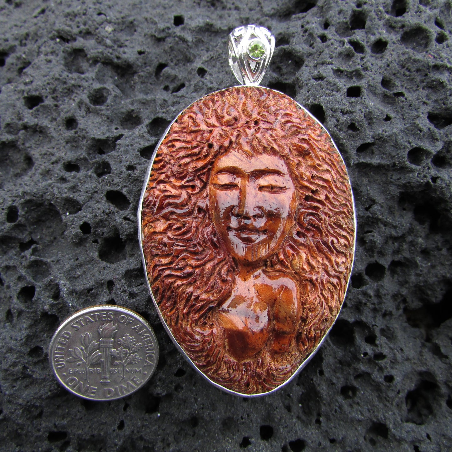 Hawaii Volcano Goddess Pele Carved Pendant Necklace | Rare Koa Wood | Peridot | Sterling Silver | Fire | Gift | Jewelry | Handmade