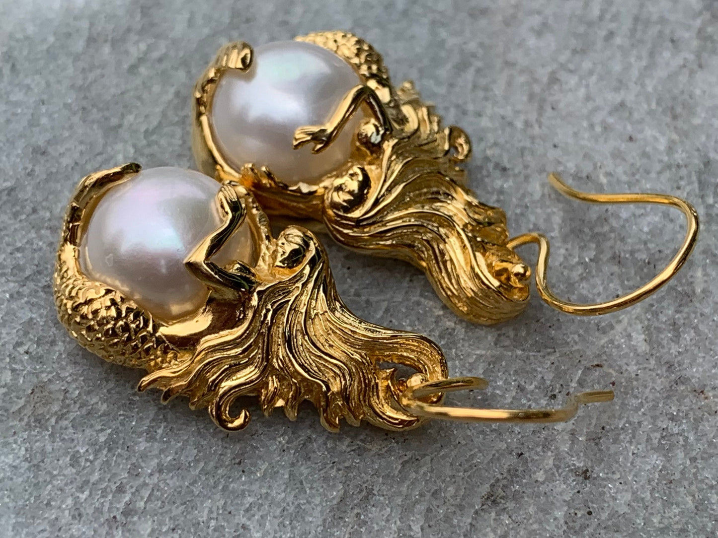 18k gold vermeil white mabe pearl mermaid earrings.