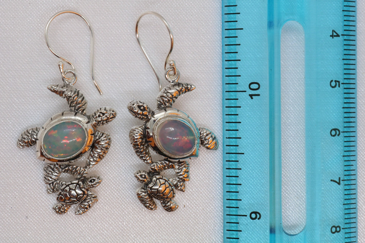 Opal Turtle Hawaiian Honu Mom and Baby Silver Earrings