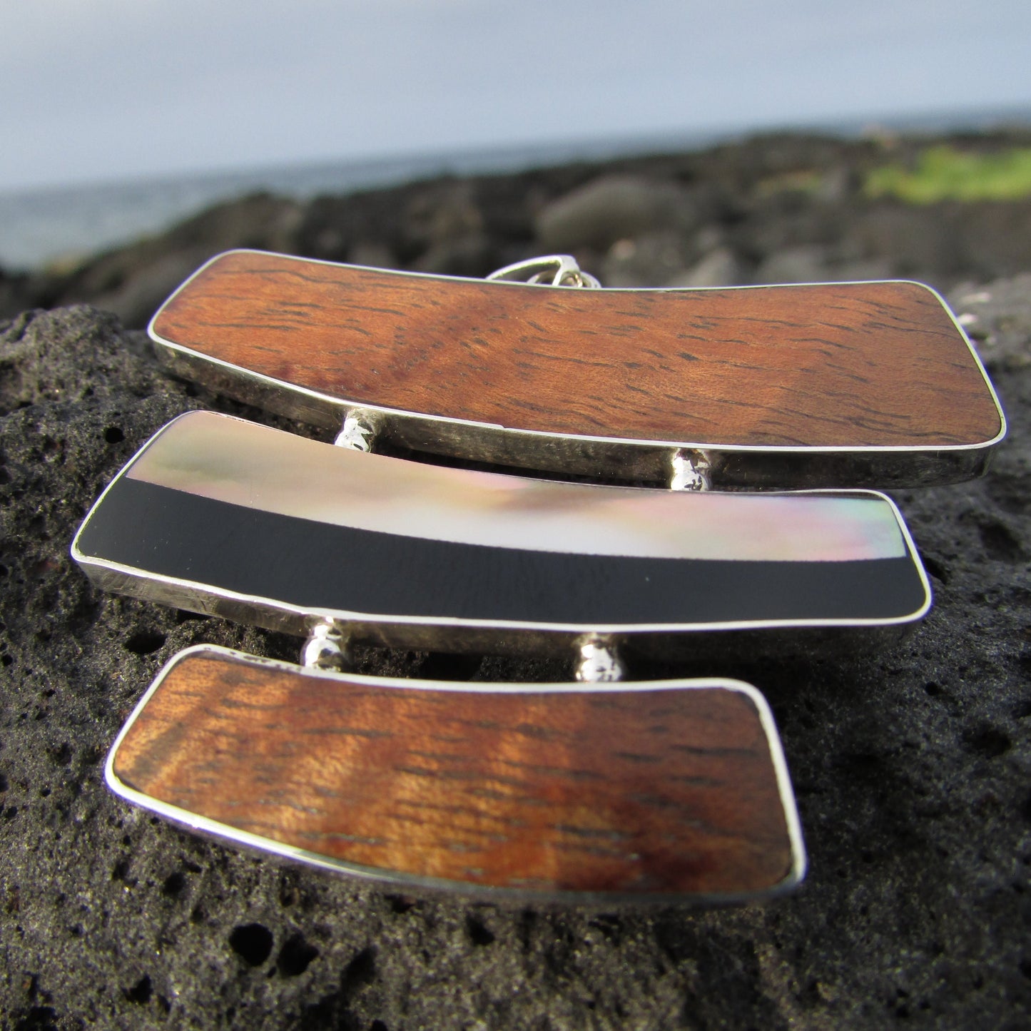 Hawaiian Koa Wood Necklace | Black Ouster Shell | Sterling Silver | Gift | Jewelry | Handmade | Unique
