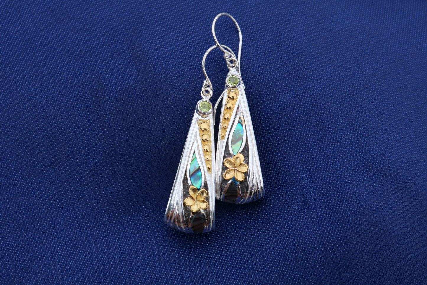 18K Gold Vermeil Plumeria Peridot Abalone Shell Hoop Earrings. Sterling Silver.