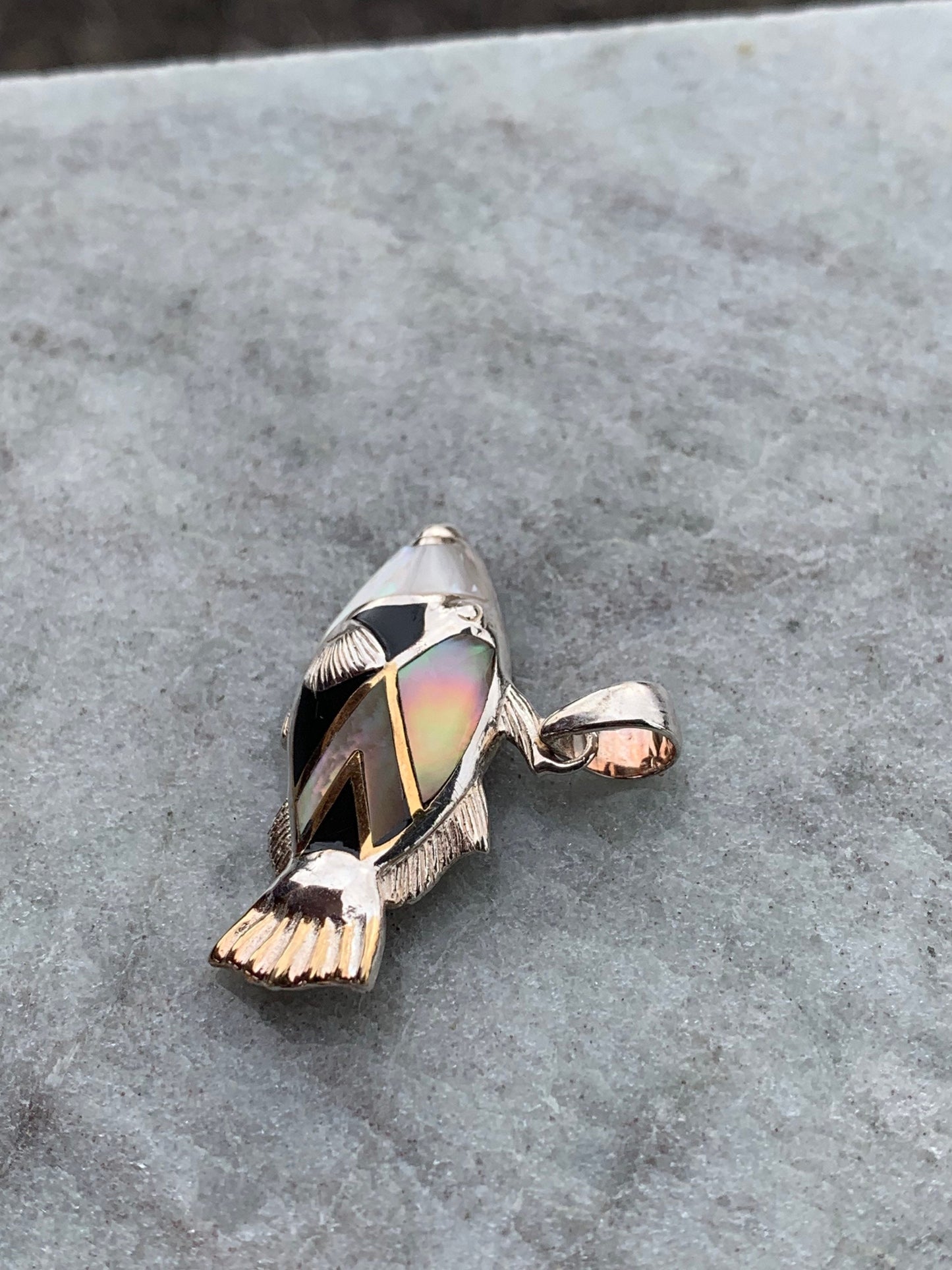 Humuhumunukunukuapua’a (Trigger Fish) Hawaiian State Fish Necklace Pendant. Silver, Mother of Pearl, Black Lip Oyster Shell.
