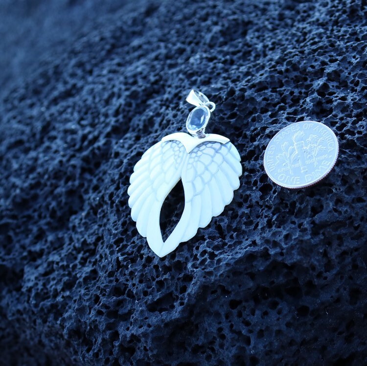 Angel Wings Heart Mother of Pearl Shell Necklace Pendant with Blue Topaz. Sterling Silver.