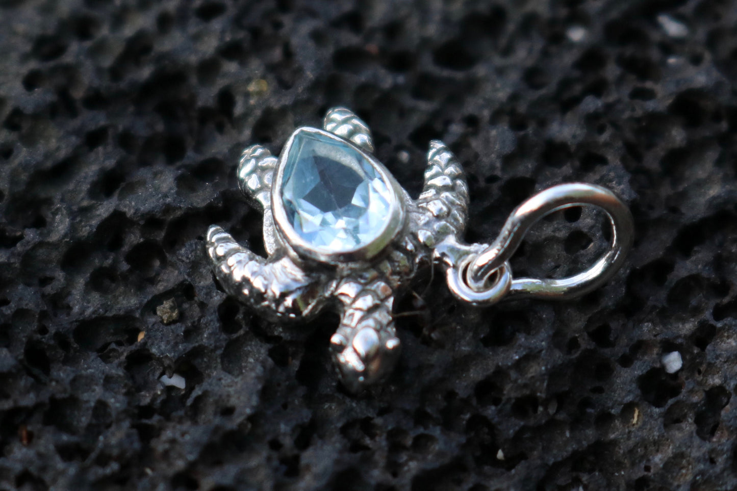 Turtle Charm Blue Topaz Necklace Pendant. Sterling Silver.
