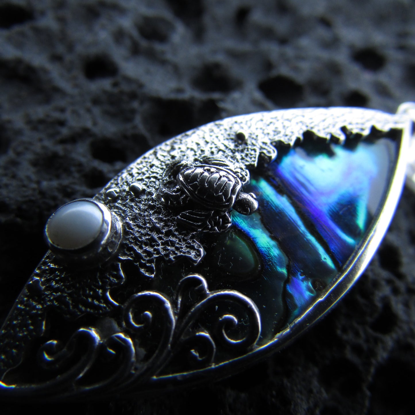 Sea Turtle Wave Necklace Pendant Small | Abalone Paua Shell | Sterling Silver | Pearl | Ocean | Beach | Gift | Jewelry | Handmade | Unique