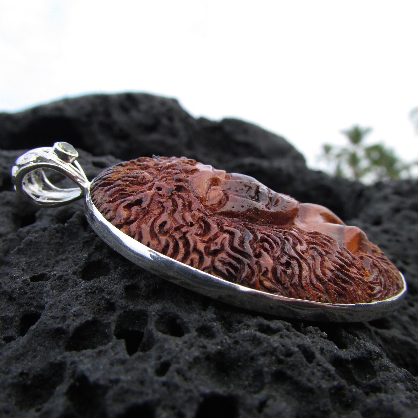 Hawaii Volcano Goddess Pele Carved Pendant Necklace | Rare Koa Wood | Peridot | Sterling Silver | Fire | Gift | Jewelry | Handmade