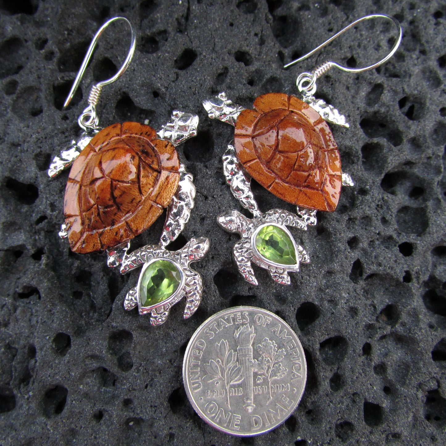 Sea Turtle Earrings | Peridot | Hawaiian Koa Wood | Sterling Silver | Ocean | Beach | Gift | Jewelry | Handmade | Unique