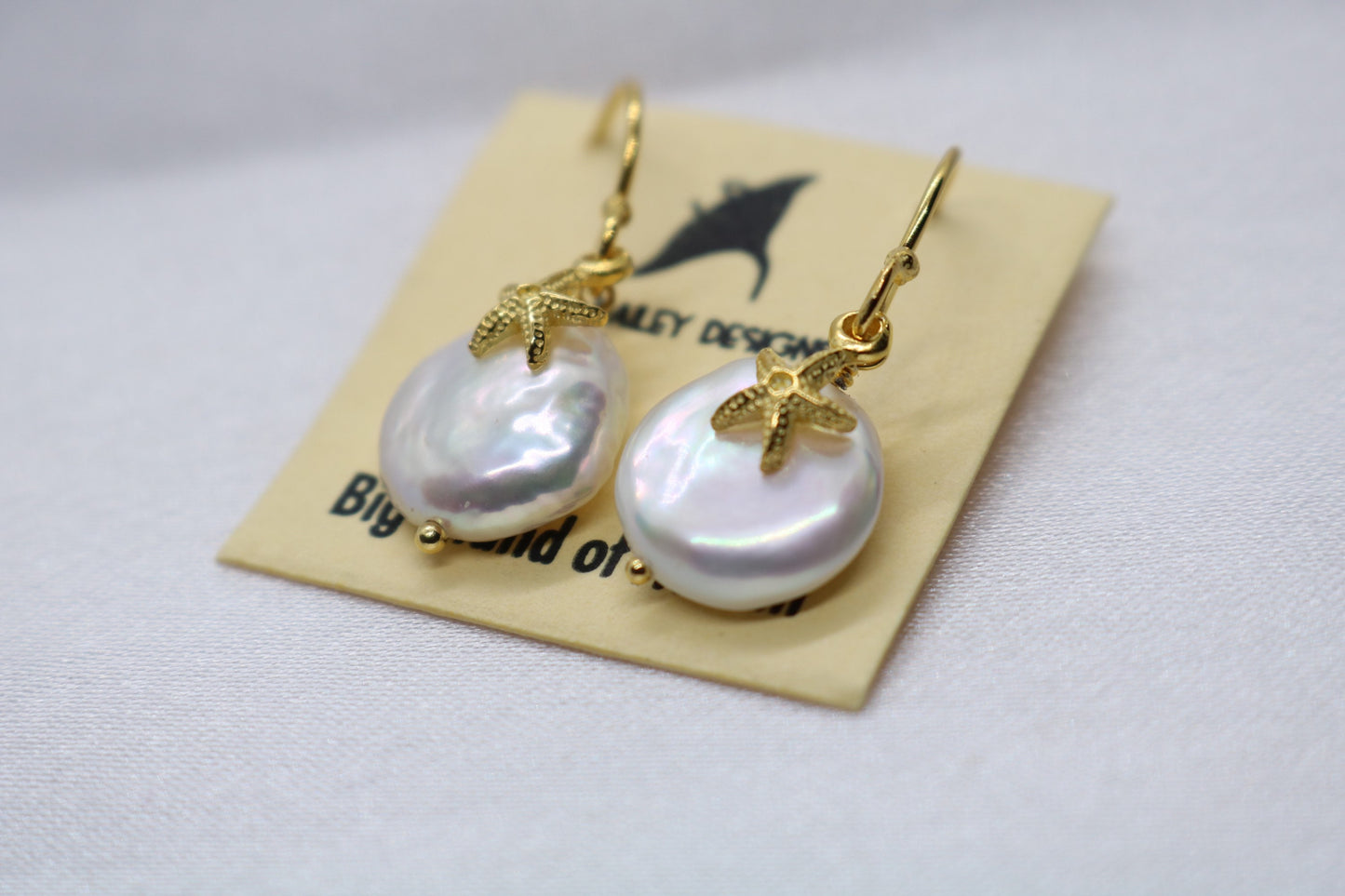 Starfish Pearl Charm Coin 18k Vermeil Gold Earrings