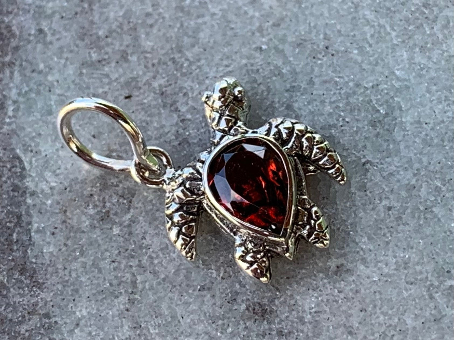 Honu Turtle Garnet Silver Charm Necklace Pendant