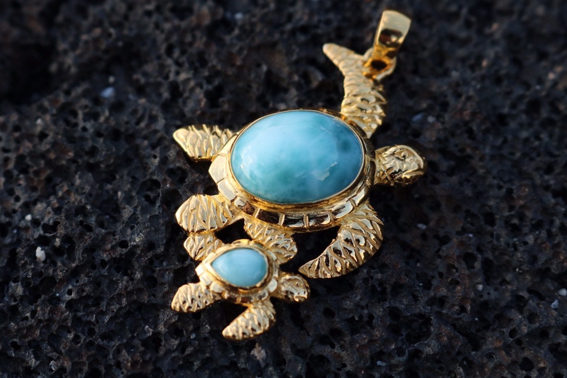 18K Gold Vermeil Larimar Turtle and Baby Necklace Pendant Jewelry.