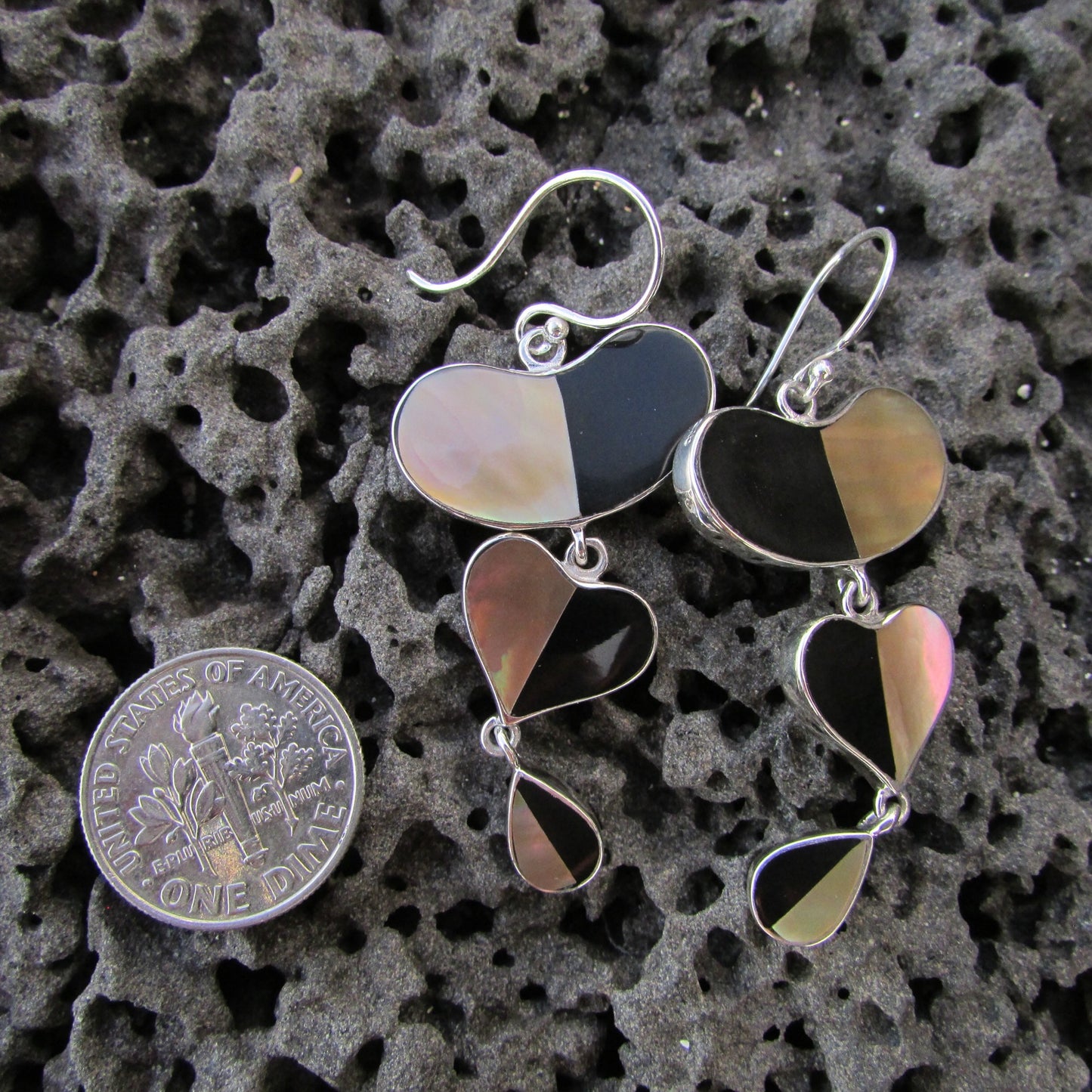 Heart Teardrop Earrings. Black Ouster, Mother of Pearl Shell. Sterling Silver.