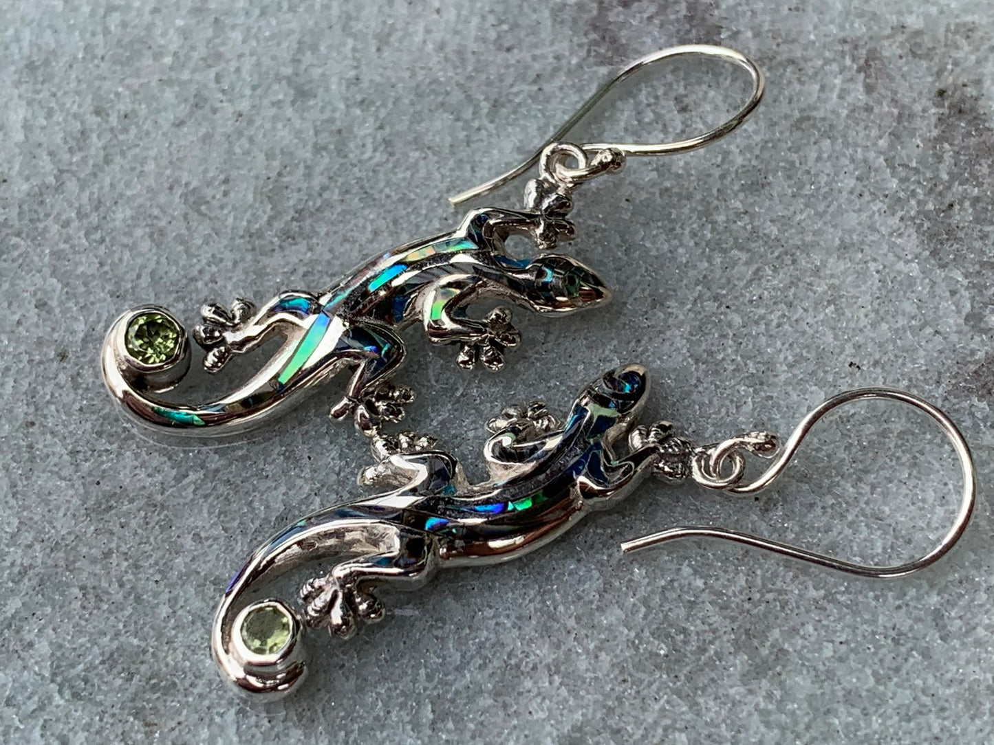 Gecko Lizard Salamander Earrings Silver Peridot