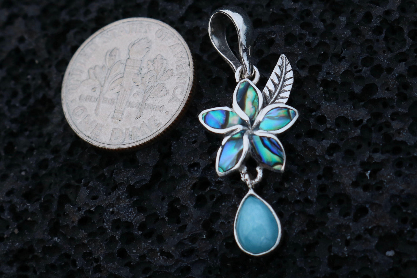 Plumeria Flower Larimar Teardrop Charm Pendant Necklace. Sterling Silver, Abalone Shell.