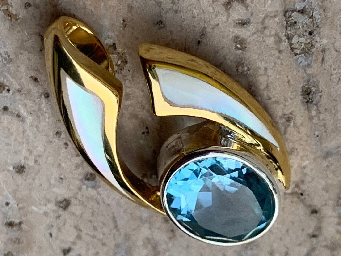 Wave Pendant. Blue Swiss Topaz, Mother of Pearl, Gold Vermeil.
