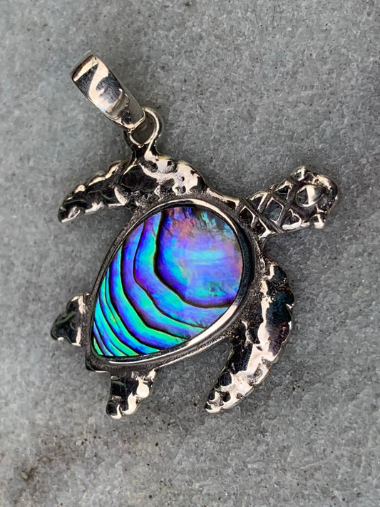 Turtle - Hawaiian Honu - Necklace Pendant. Sterling Silver, Abalone Shell.