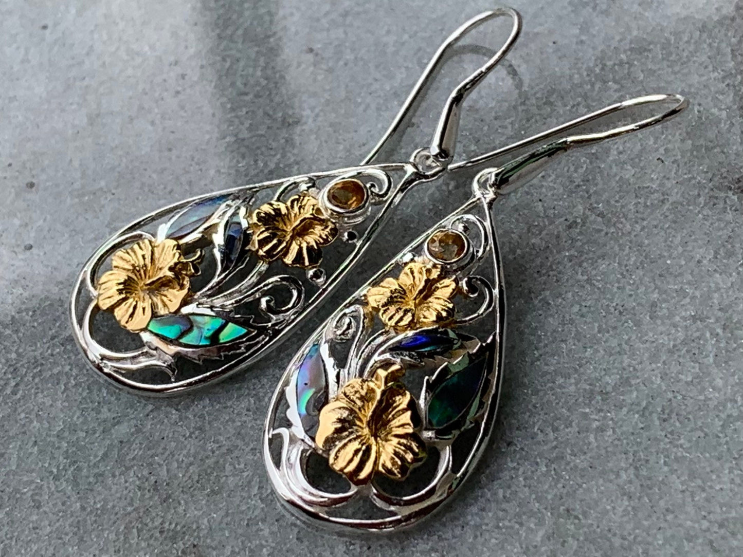 Hibiscus Flower Citrine Silver Gold Abalone Shell Earrings