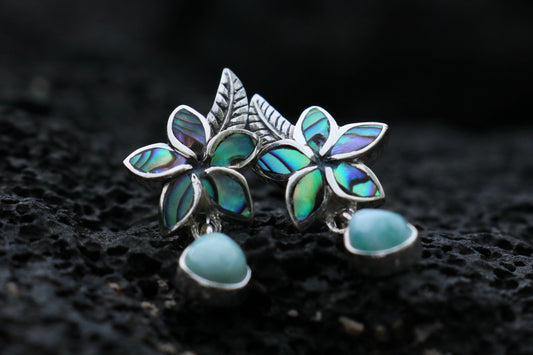 Plumeria Flower Larimar Abalone Shell Stud Earrings. Sterling Silver.